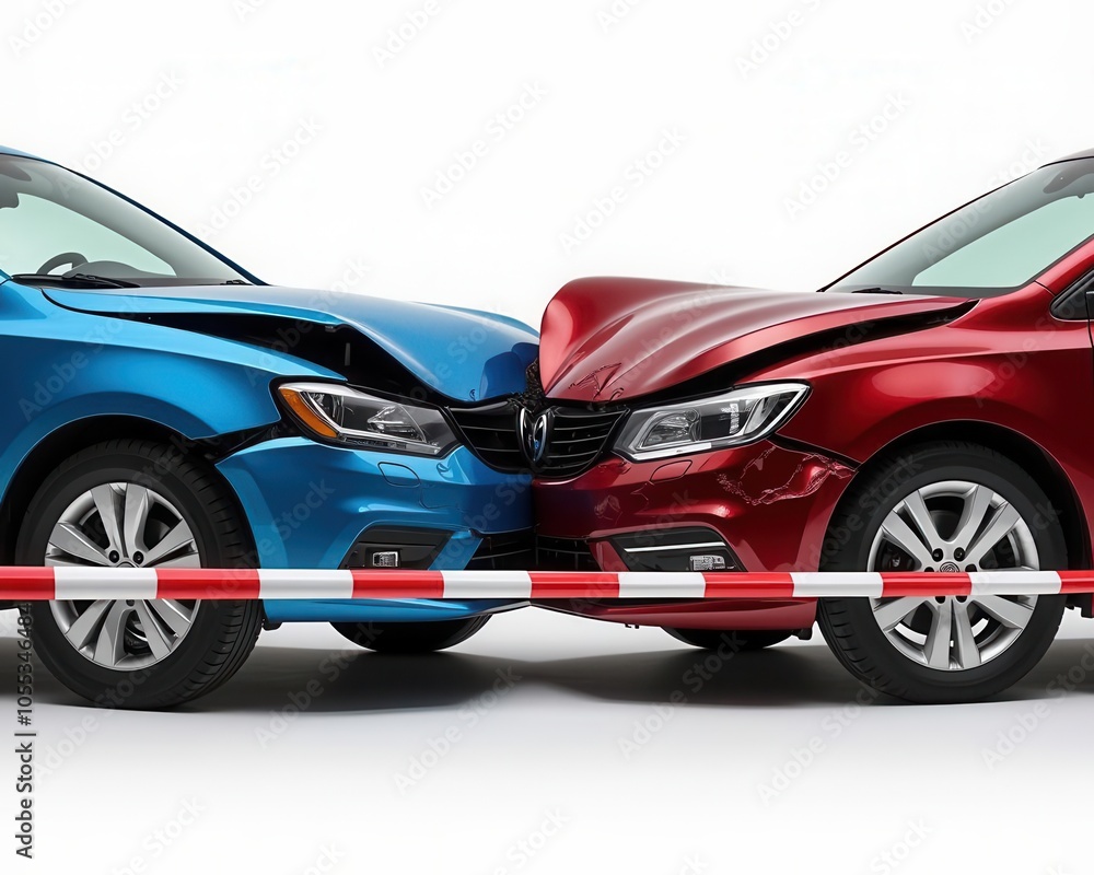 Two cars, blue and red, in profile, immediately after a collision, bumpers almost touching, visible damage to the front sections, strong daylight illuminating the vehicles, tension in the scene Two cars, blue and red, in profile, immediately after a collision, bumpers almost touching, visible damage to the front sections, strong daylight illuminating the vehicles, tension in the scene
