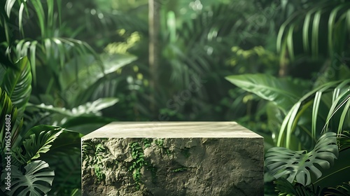 Fototapeta Naklejka Na Ścianę i Meble -  Rock object square podium in tropical forest for product presentation and green background