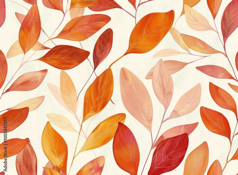 Autumn leaves pattern, featuring vibrant red, orange, and soft peach leaves on a light cream background, creating a warm and inviting atmosphere for seasonal designs Autumn leaves pattern, featuring vibrant red, orange, and soft peach leaves on a light cream background, creating a warm and inviting atmosphere for seasonal designs