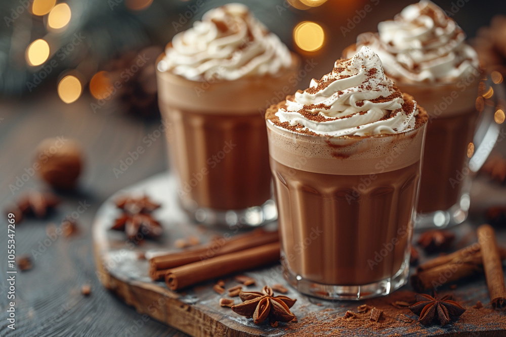 Hot chocolate drink with whipped cream and cocoa powder in a glass cup on a Christmas background Hot chocolate drink with whipped cream and cocoa powder in a glass cup on a Christmas background