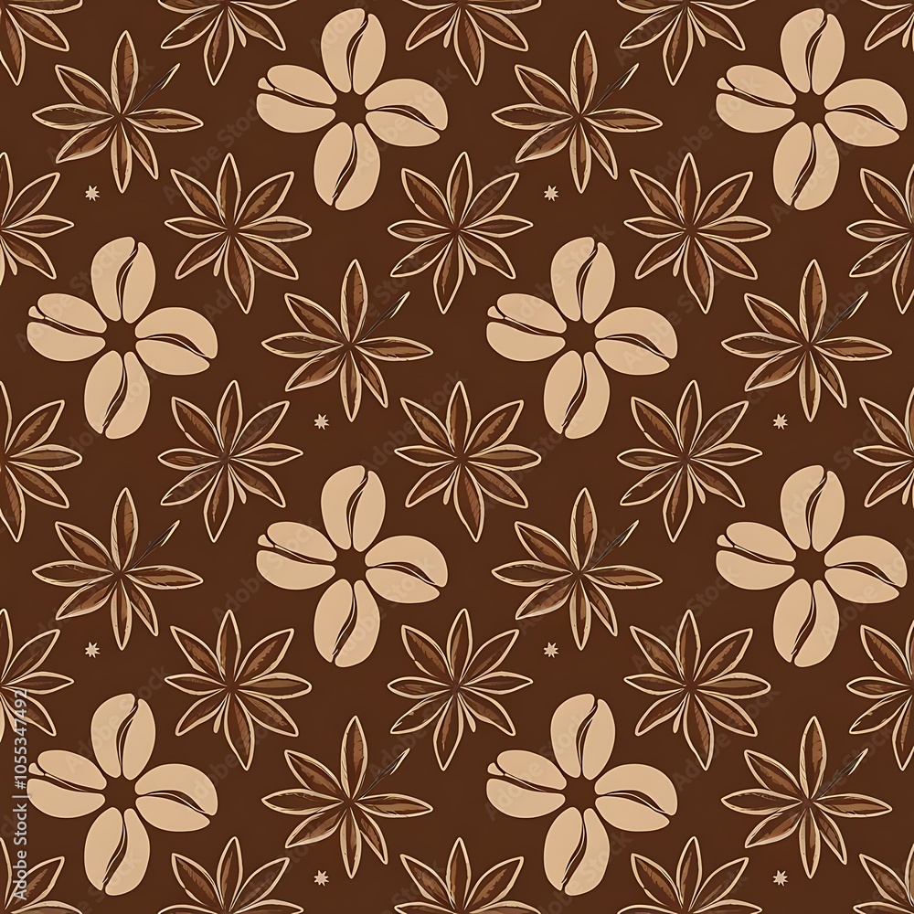 Seamless pattern with coffee beans and anise stars isolated on brown Seamless pattern with coffee beans and anise stars isolated on brown