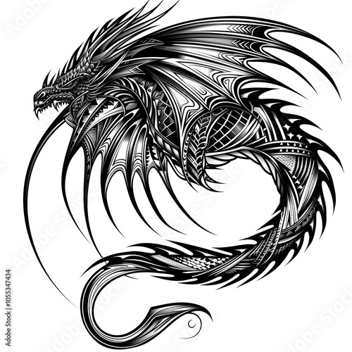 Portrait of a fantasy dragon tattoo sketch illustration. Isolated hand drawn animal prints. photo