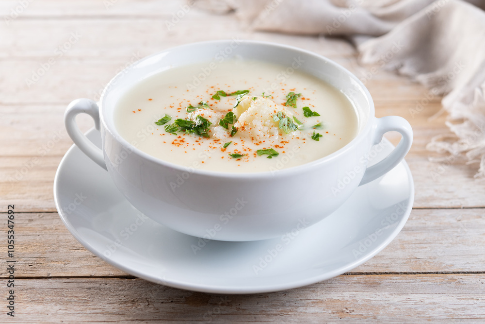 Cauliflower soup in bowl on wooden table Cauliflower soup in bowl on wooden table