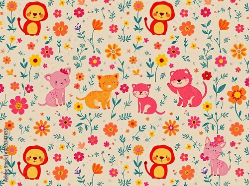 A whimsical and colorful cartoon pattern of animals and flowers, cartoon, background