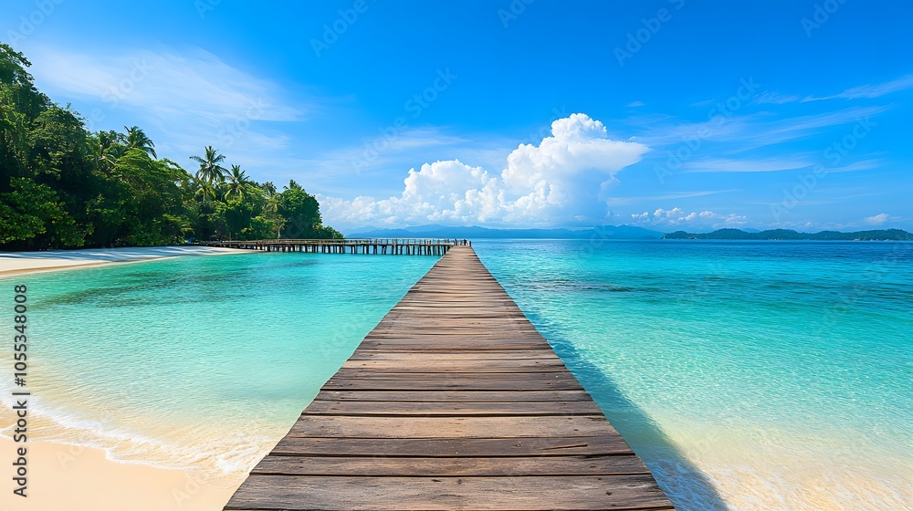 A tropical beach with a wooden pier extending over the turquoise water A tropical beach with a wooden pier extending over the turquoise water