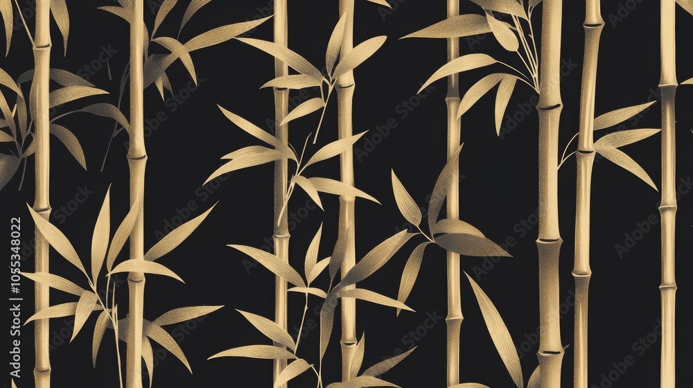A black and gold bamboo print with a lot of detail A black and gold bamboo print with a lot of detail