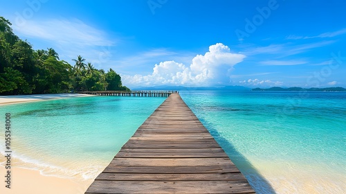 Wallpaper Mural A tropical beach with a wooden pier extending over the turquoise water Torontodigital.ca