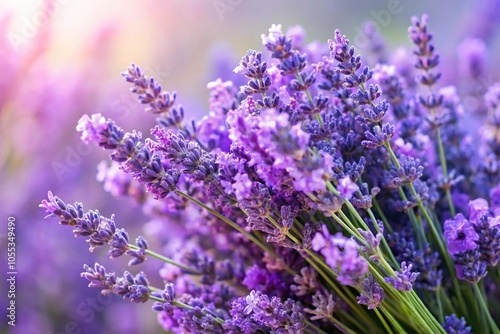 Close-up of delicate purple lavender flowers in a lush bouquet surrounded by greenery, gardenia, floral arrangements