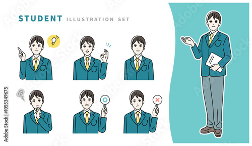 制服を着た学生の表情イラストセット