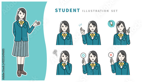 制服を着た学生の表情イラストセット