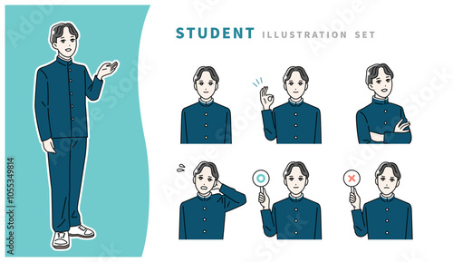 制服を着た学生の表情イラストセット