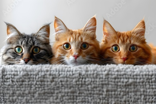 Three Curious Cats Peeking Over Grey Blanket - Cozy Feline Companionship