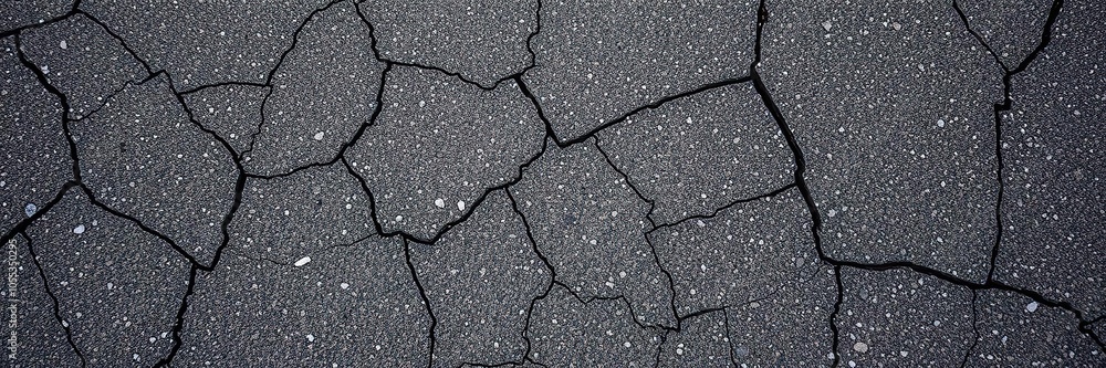 Fototapeta premium Close-up shot of textured asphalt surface with cracks and bumps in black color, background, abstract, backdrop