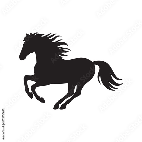  silhouette of horses. Isolated black silhouette of galloping, jumping running, trotting, rearing horse on white background. Side view.