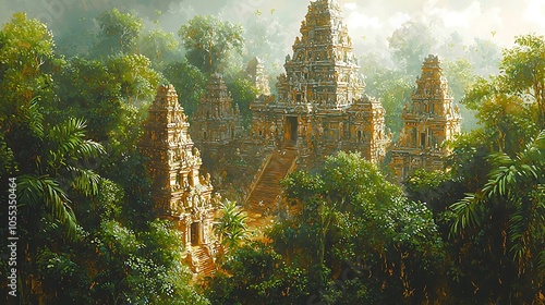 Ancient stone temples nestled amidst lush green jungle foliage, bathed in warm sunlight.