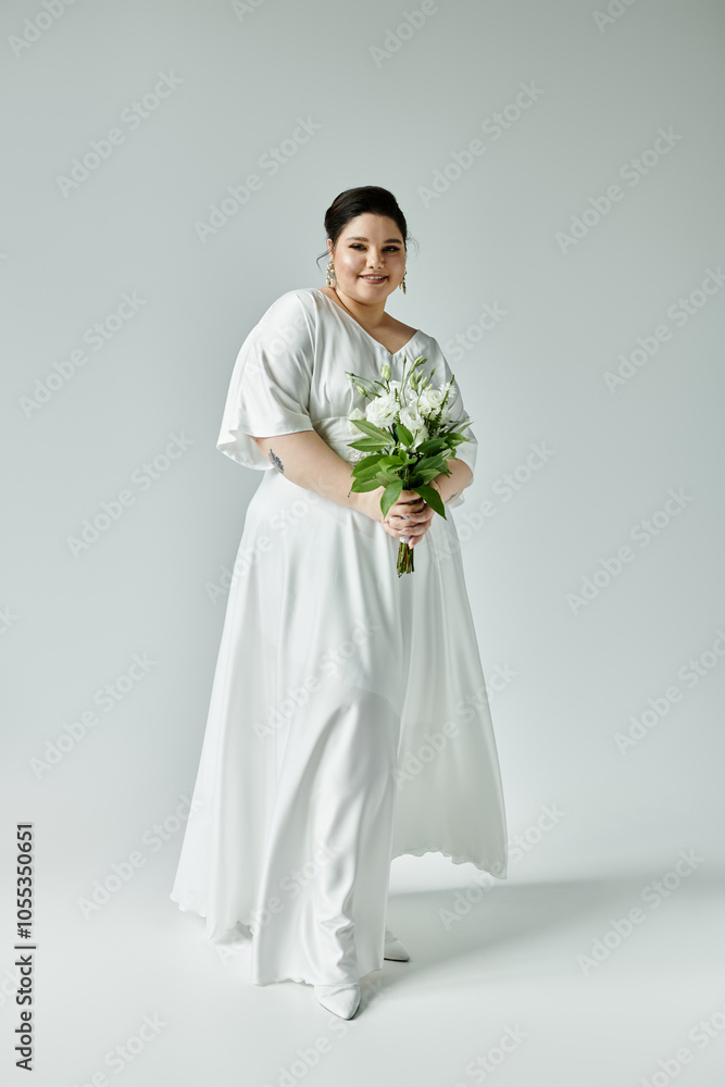 A stunning bride radiates confidence in a flowing white gown while holding a beautiful bouquet. A stunning bride radiates confidence in a flowing white gown while holding a beautiful bouquet.