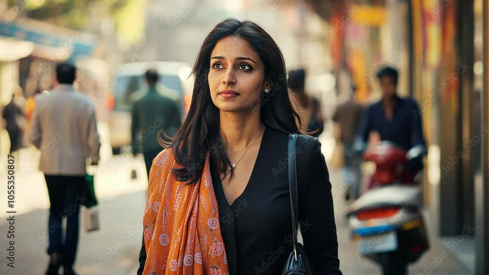 A woman walks down a busy city street, her gaze fixed on something ahead A woman walks down a busy city street, her gaze fixed on something ahead
