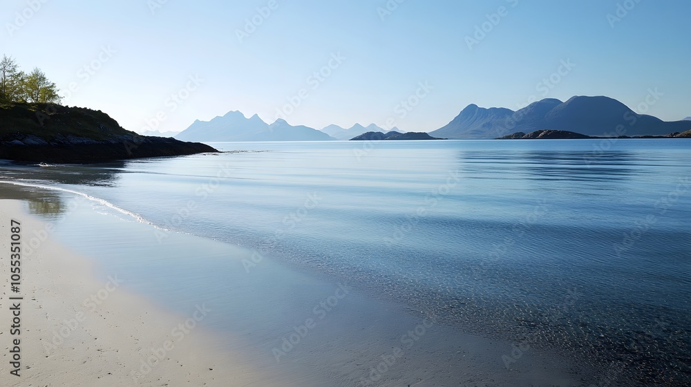 A tranquil beach scene with calm waters and distant mountains on the horizon A tranquil beach scene with calm waters and distant mountains on the horizon