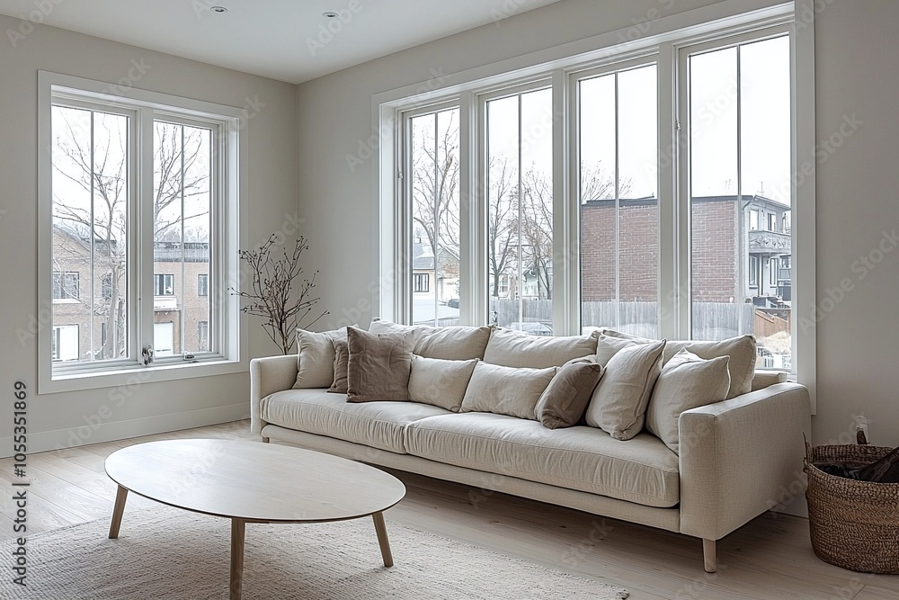 Fototapeta premium Minimalist, modern Scandinavian interiors in a well-lit living room with a sofa and table. Generative AI 
