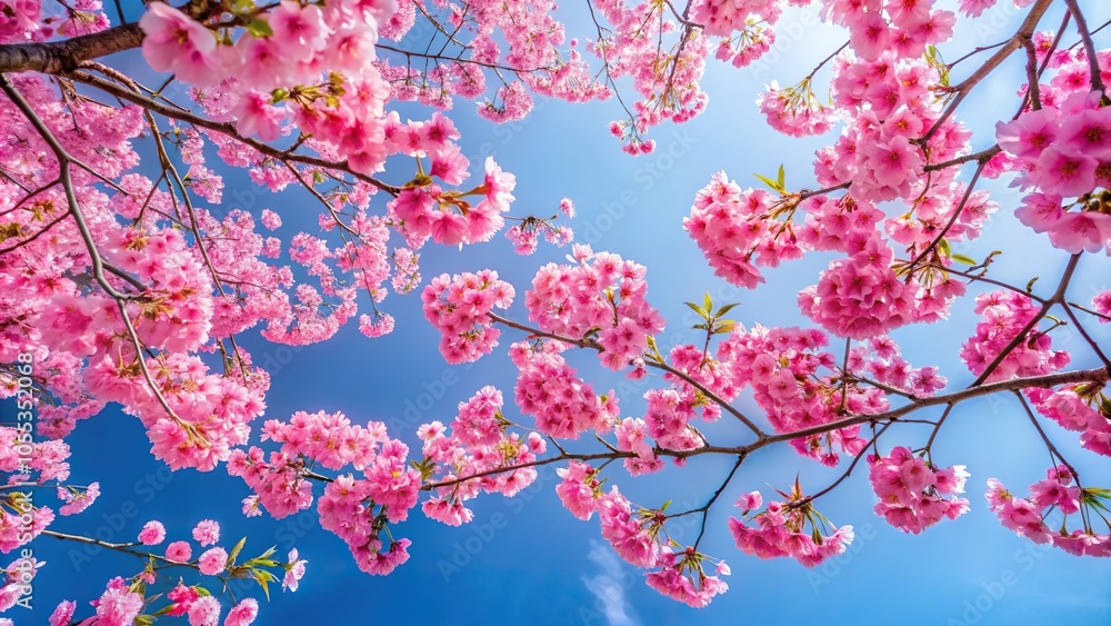 A cluster of pink cherry blossom branches stretching towards the sky against a bright blue sky, nature, cherry blossoms, spring, botanical A cluster of pink cherry blossom branches stretching towards the sky against a bright blue sky, nature, cherry blossoms, spring, botanical