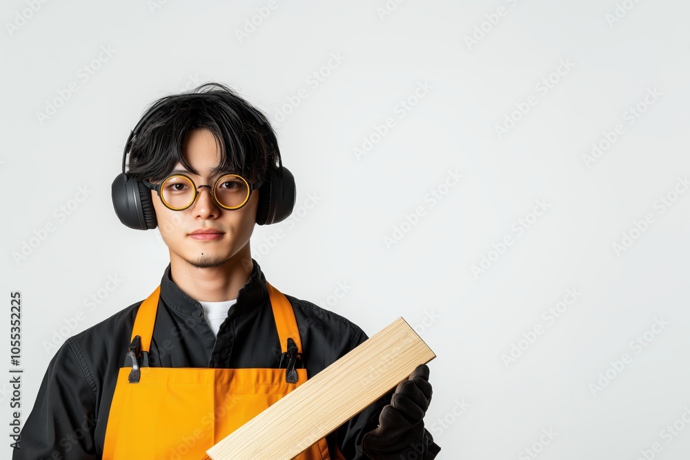 Young craftsman wearing safety gear looks confident while holding a wooden block indoors Young craftsman wearing safety gear looks confident while holding a wooden block indoors