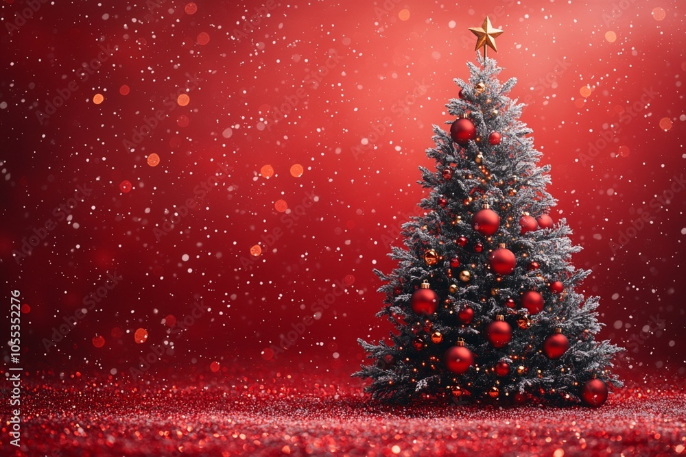 Christmas tree with red ornaments and golden stars, red background with bokeh lights Christmas tree with red ornaments and golden stars, red background with bokeh lights