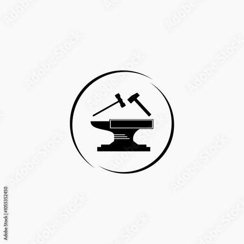 Anvil with hammer white icon  isolated on white background.