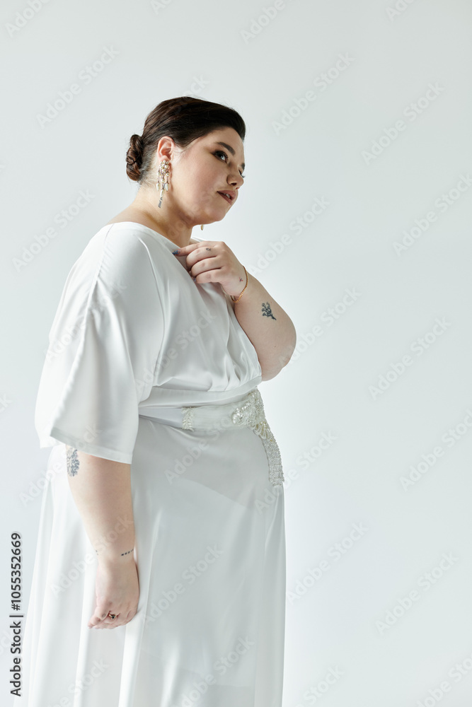 A beautiful plus size bride showcases her style in a white wedding dress, highlighting her earrings. A beautiful plus size bride showcases her style in a white wedding dress, highlighting her earrings.