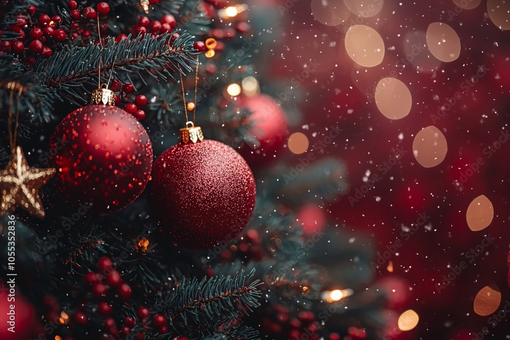 Christmas tree with red ornaments and golden stars, red background with bokeh lights Christmas tree with red ornaments and golden stars, red background with bokeh lights