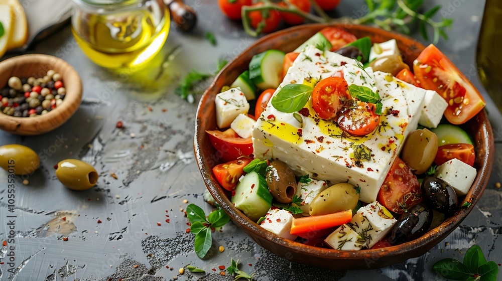 salad with feta cheese tomatoes pepper cucumber olives oregano and olive oil salad with feta cheese tomatoes pepper cucumber olives oregano and olive oil