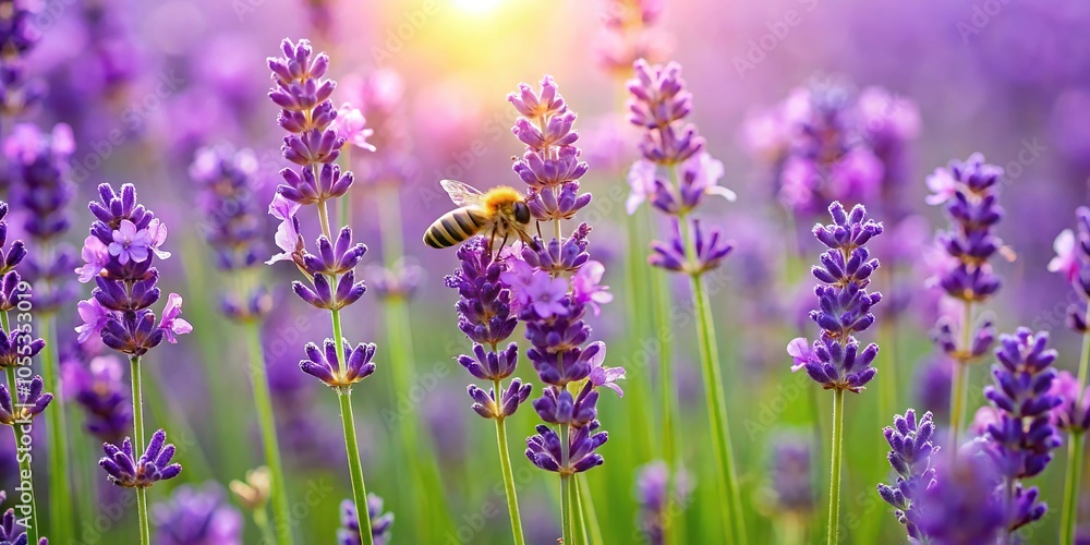 Obraz premium Delicate purple lavender blooms in a lush green meadow with a few wild bees buzzing around, flowers in the meadow, peaceful, landscape, purple, wildflowers