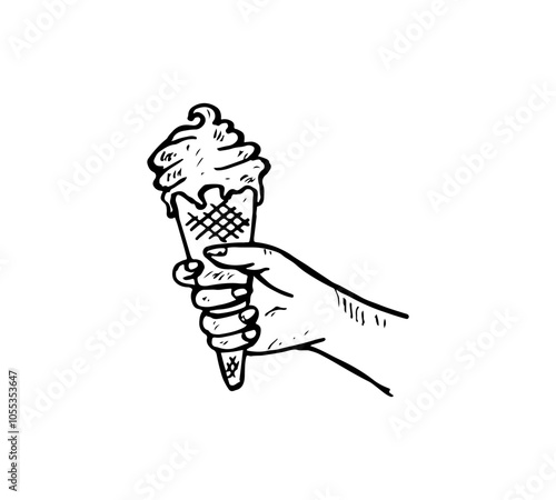 Hand-holding ice cream cone cartoon doodle illustration drawing.