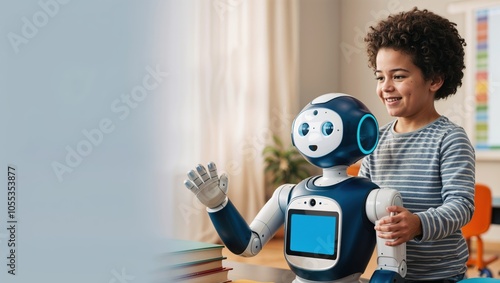 Cute little boy talking to robot in classroom. Technology and education concept photo