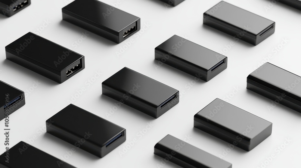 Glossy black USB drives are lined up artistically on a smooth white backdrop with subtle shadows Glossy black USB drives are lined up artistically on a smooth white backdrop with subtle shadows