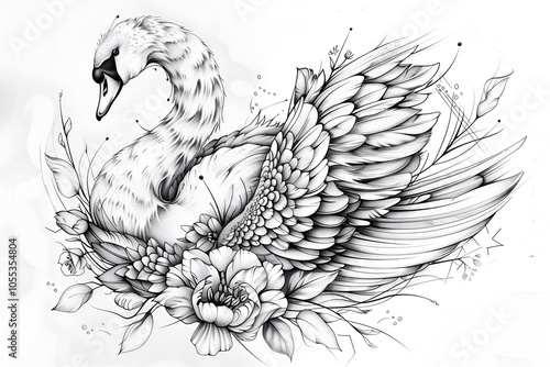 Fototapeta Naklejka Na Ścianę i Meble -  Beautiful outline swan tattoo sketch illustration. Isolated hand drawn animal prints.