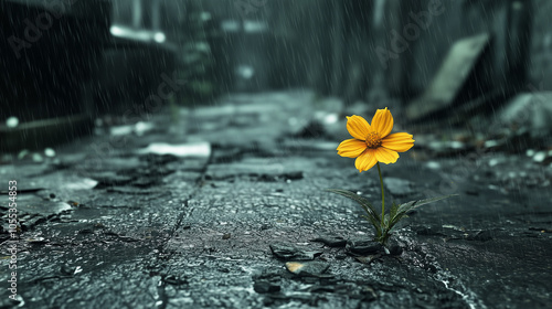 Yellow Flower Blooming in Rainy City Street photo