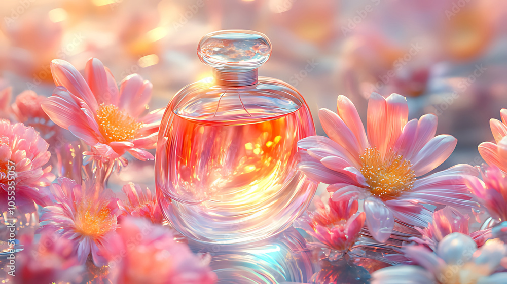A glass bottle of perfume sits on a table surrounded by pink flowers, with a soft golden light shining through the bottle. A glass bottle of perfume sits on a table surrounded by pink flowers, with a soft golden light shining through the bottle.