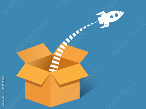 Rocket come out from box concept vector illustration with open cardboard box, rocket spaceship. Business thinking, airmail, spaceship concept design to use for creative business projects.