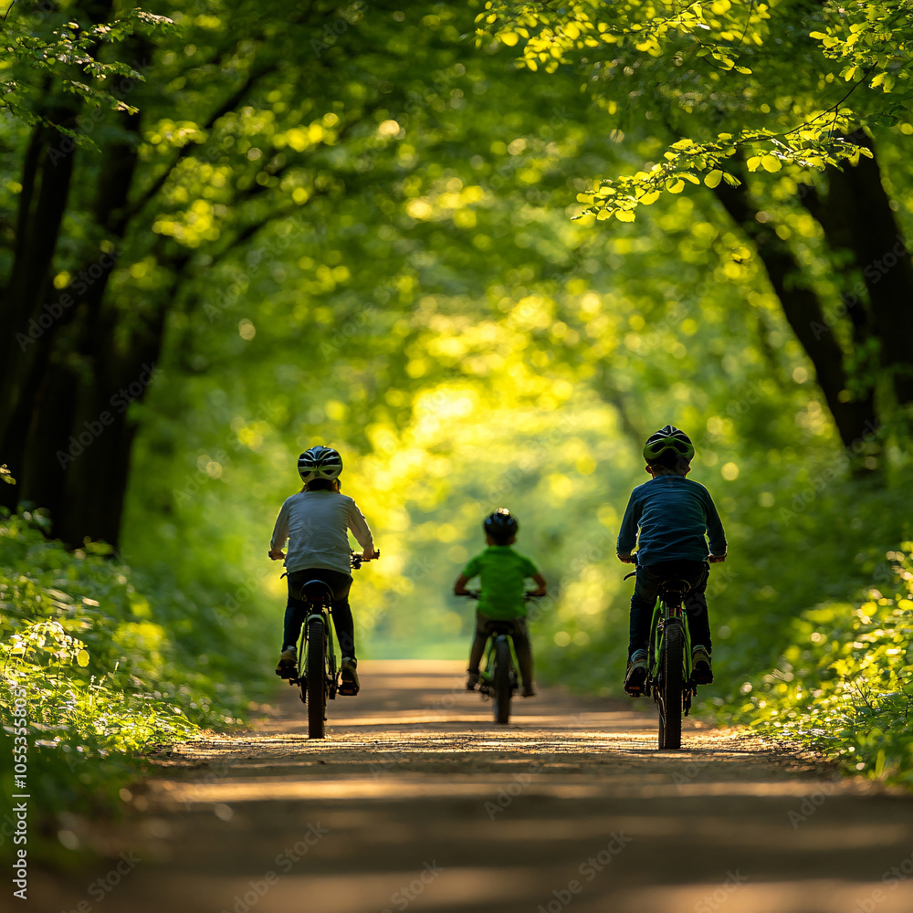 Capture the joy of childhood as kids ride their bicycles down a serene forest path immersed in nature's beauty Capture the joy of childhood as kids ride their bicycles down a serene forest path immersed in nature's beauty