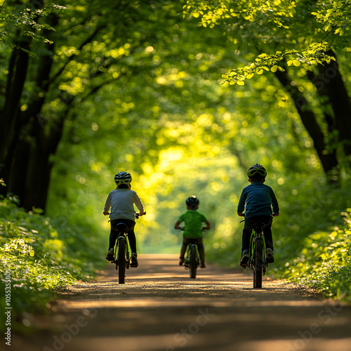 Capture the joy of childhood as kids ride their bicycles down a serene forest path immersed in nature's beauty photo