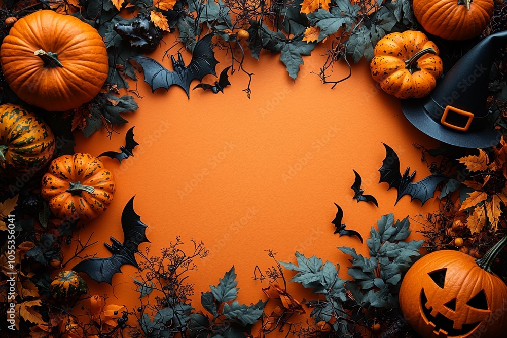 Background for halloween, orange background, bats, pumpkin, witch hat Background for halloween, orange background, bats, pumpkin, witch hat