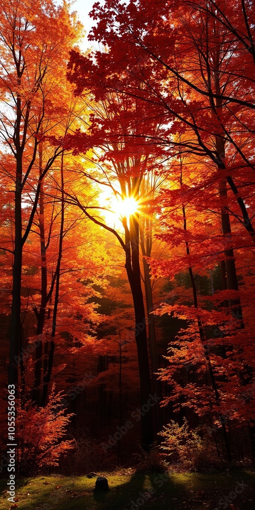 Golden sunlight shining through the colorful autumn trees in a panoramic view of the forest, tranquil, outdoor, season Golden sunlight shining through the colorful autumn trees in a panoramic view of the forest, tranquil, outdoor, season