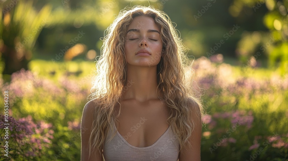 Young woman meditating in garden. Young woman meditating in garden.