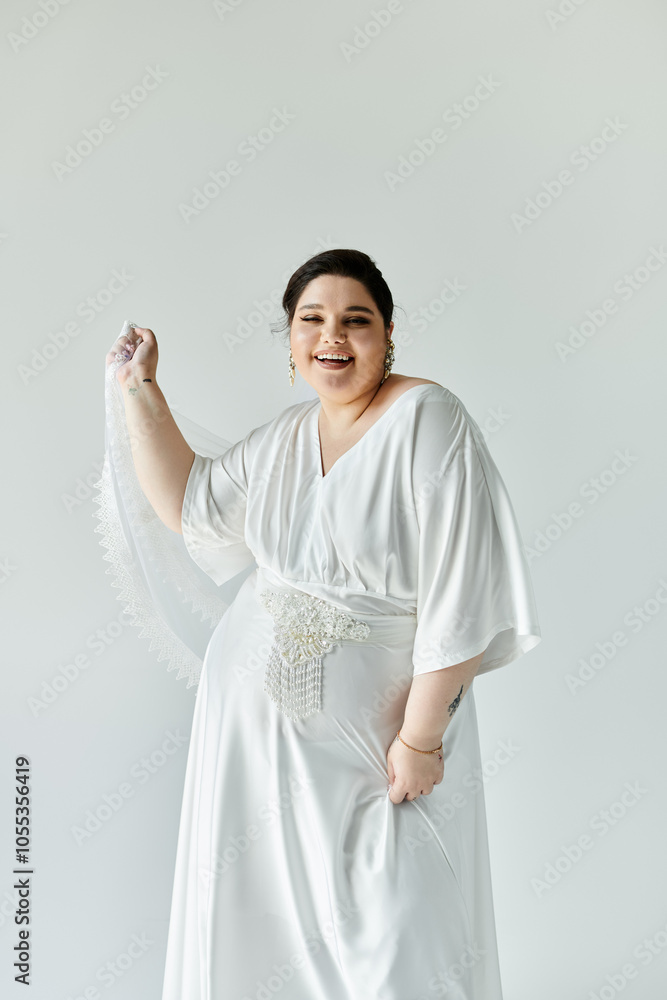 A joyful plus-size young woman twirls gracefully in her elegant white gown, showcasing her radiant beauty. A joyful plus-size young woman twirls gracefully in her elegant white gown, showcasing her radiant beauty.