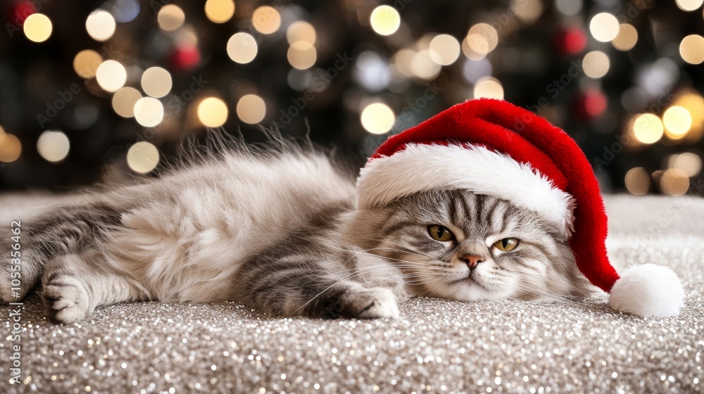 Cute Cat in a Santa Hat Resting on a Shiny Blanket Against Christmas Lights Background Cute Cat in a Santa Hat Resting on a Shiny Blanket Against Christmas Lights Background