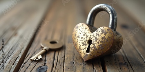 Vintage Heart-Shaped Padlock and Key on Wooden Surface