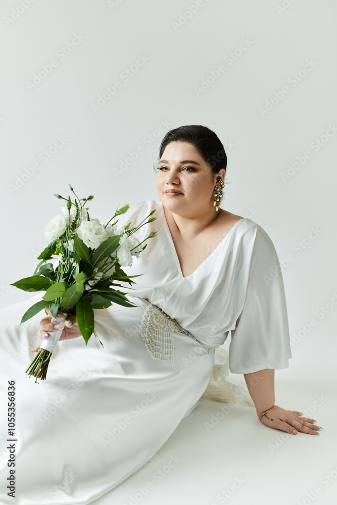 A stunning bride radiates beauty in a white gown, holding a lush bouquet, seated gracefully. A stunning bride radiates beauty in a white gown, holding a lush bouquet, seated gracefully.
