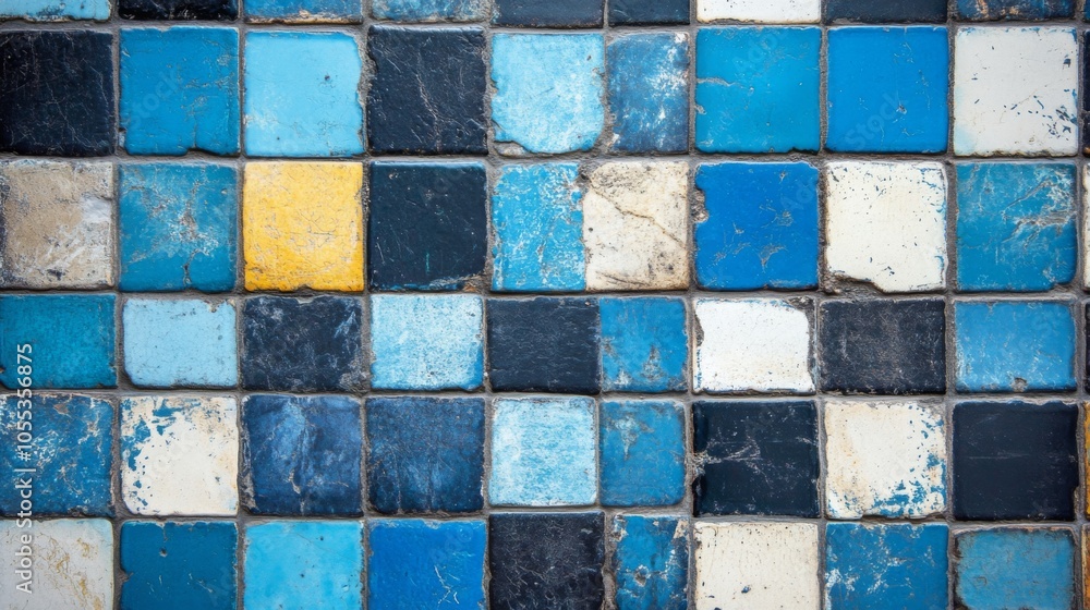 A wall made of blue and white tiles A wall made of blue and white tiles