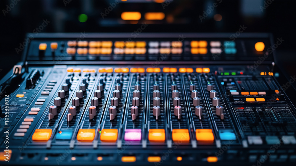 Close-up of a professional audio mixing console with illuminated buttons and sliders in a recording studio setting, emphasizing sound engineering and production equipment. Close-up of a professional audio mixing console with illuminated buttons and sliders in a recording studio setting, emphasizing sound engineering and production equipment.