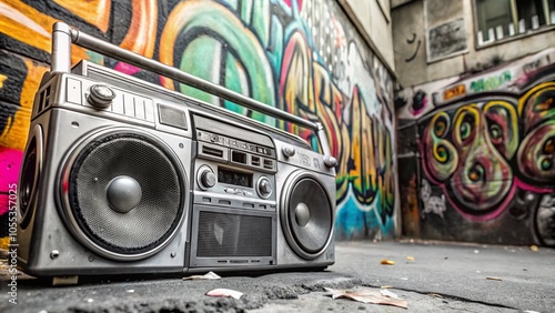 1990s Retro Ghetto Blaster with Graffiti Background, Urban Street Style Photography